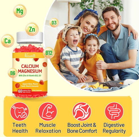 Calcium Magnesium Zinc Gummies with Vitamin D3 & B12, Sugar Free Calcium Supplements for Women Men Support Bone, Muscle Teeth, Mood & Immunity, Ve...