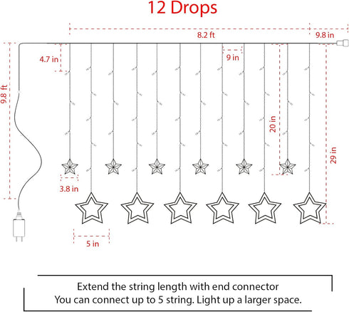 Star Curtain Lights for Bedroom - Plug-in 9ft 138 LED Fairy Twinkle Lights with 12 Star Drops, Connectable Window Lights with Remote 8 Lighting Mo...