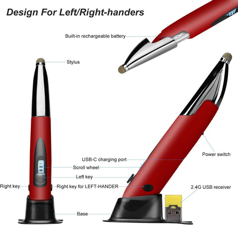 lychee Rechargeable Pocket Pen Mouse, Left/Right-Handed Wireless Optical Ergonomic Mouse with Stylus Function RGB Backlit Type-C & Micro USB Adapt...
