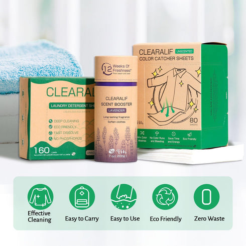 CLEARALIF All In One Laundry Kit. 80 Sheets Unscented Laundry Sheets, 7 oz Lavender Scent Booster Tube, 80 Sheets Color Absorber Sheets....
