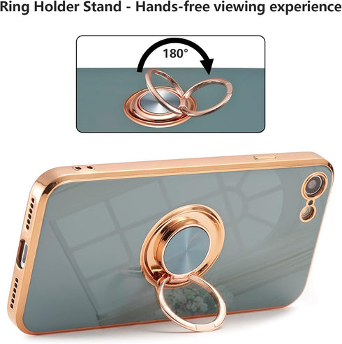 EYZUTAK Electroplated Magnetic Ring Case, 360 Rotation, Metal Finger Ring Holder, Soft Silicone Cover for iPhone SE(5G) 2022, iPhone 7/8/SE 2020 -...