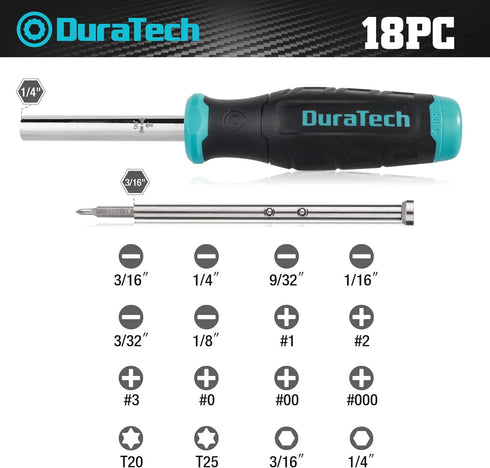DURATECH Multi-bit Screwdriver Set, 18-in-1 Screwdriver with T-bar and Precision Screwdriver Stored in Shaft, Phillips/Slotted/Torx/Square, Profes...