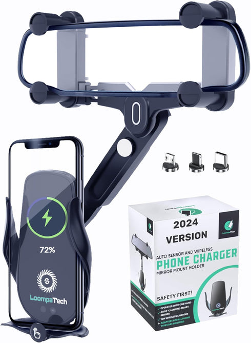 2in1 Rear View Mirror Phone Holder + Wireless Car Charger 360 Rearview Mirror Phone Mount w/Automatic Clamping and Release, Rotatable & Retractabl...
