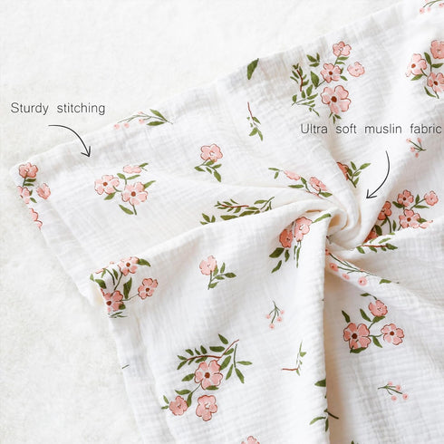 Muslin Baby Blankets for Girls Super Soft Nursery Minky Blankets with Breathable Muslin Cotton Front and 3D Touch Dotted Fleece Backing, Pink Flor...