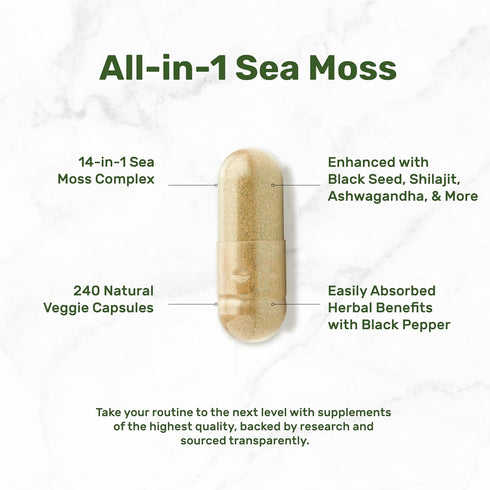 Irish Sea Moss 7000mg Per Serving, 240 Veggie Capsules – 14 Superfood Complex – 3000mg Black Seed Oil, 2000mg Ashwagandha, 600mg Ginger, 5000mg Sh...