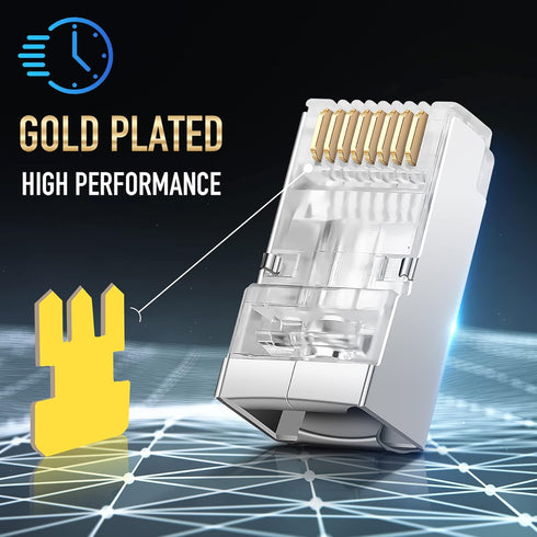 Shielded RJ45 Cat6 Cat 6A Connectors - Pass Through Connector Gold Plated 3 Prong 8P8C Modular Plugs for FTP/STP Stranded Ethernet Cable & Solid W...
