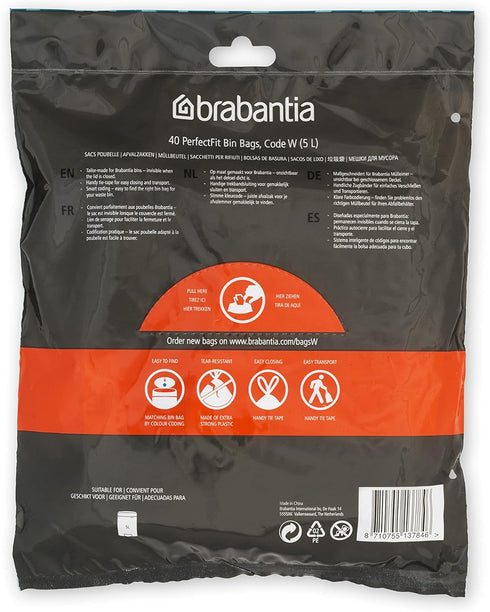 Brabantia PerfectFit Trash Bags (Size W/1.3 Gal) Thick Plastic Trash Can Liners with Drawstring Handles (40 Bags)...