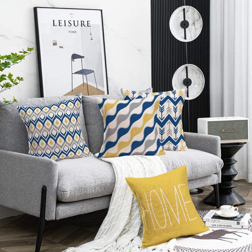 Fukeen Home Geometric Set of 4 Throw Pillow Covers Modern Accent Decorative 18x18 Inch Blue Yellow Grey Arrow Stripes Wave Abstract Pattern Pillow...
