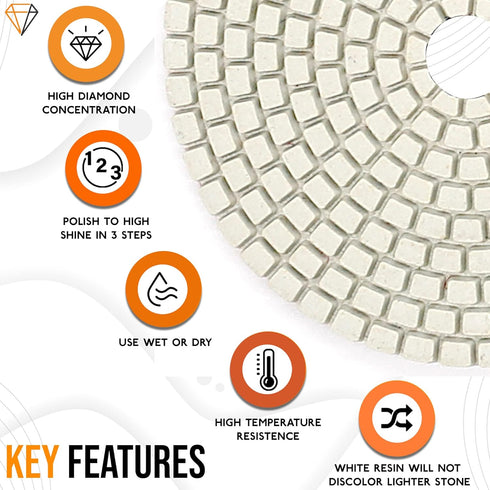 3 Step Diamond Polishing Pads - Wet or Dry - Granite, Quartz, Marble, Concrete, Terrazzo - High Temperature Resistance - White Resin - 4'' Hook an...