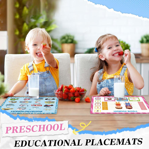Mifoci 8 Pcs Educational Preschool Placemat Set for Kids Reusable Washable Non Slip Placemats for Dining Table Plastic Learning Mats for Nursery K...