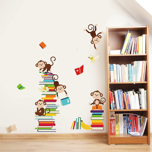 decalmile Monkey Wall Decals Animals Reading Books Wall Stickers Baby Nursery Kids Bedroom Classroom Wall Decor...
