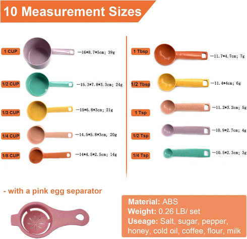 Plastic Measuring Cups and Spoons Set - 10 Pcs Colorful Kitchen Measuring Tool, Engraved Metric/US Markings Stackable Silicone Measure Cup for Liq...