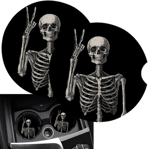 Cup Holders Car Coasters for Women/Men - 2 Pack Absorbent Ceramic Stone Drinks Coaster Set, Funny Skull Skeleton Halloween Victory...