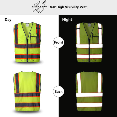 SKSAFETY 10 Pockets Safety Vest, Class 2 High Visibility Security with Zipper Back Mesh, Hi Vis Vest with Reflective Strips, ANSI/ISEA Standard, C...