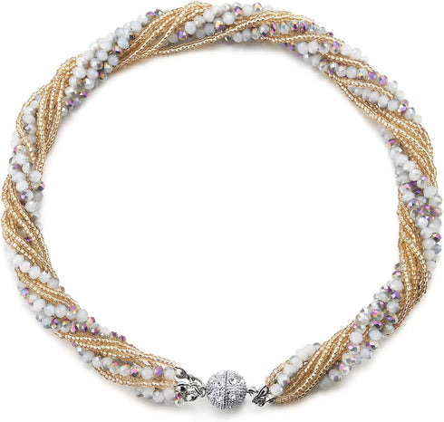 COOLSTEELANDBEYOND Champagne Gold Rainbow Beads Necklace Multi-Layer Crystal Braided Chain Choker Collar Magnetic Clasp...