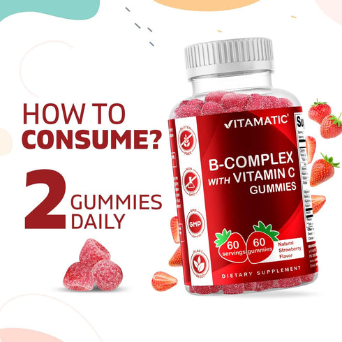 Vitamatic Vitamin B Complex Gummies with Vitamin C & Inositol - Natural Strawberry Flavor - 60 Gummies (1 Bottle)...