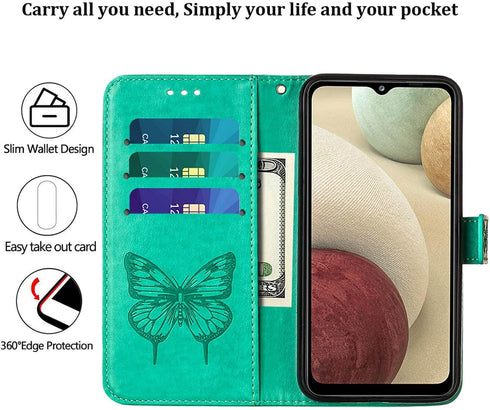 for Samsung Galaxy A12 Flip Cover Phone Case Wallet | Butterfly Floral Embossed, Wrist Strap, Card Holder Slots, Stand Leather Protective (Green)...