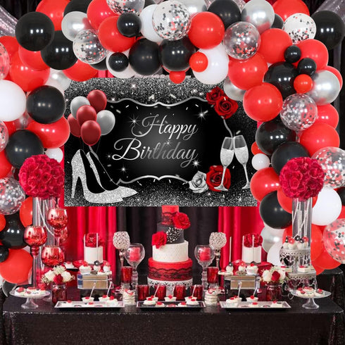 JOYMEMO Red Black and Silver Party Decorations for Women's Birthday Party Supplies - Red Black Silver Balloon Garland Happy Birthday Backdrop High...