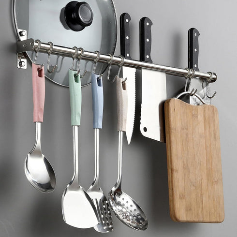 ASkinds Utensil Hanging Rack Stainless Steel Rail Hanger Rod Wall Mounted Pot Pan Lid Holder Cookware Storage Organizer with Sliding Hooks for Kit...