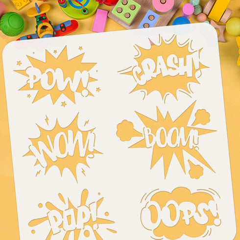FINGERINSPIRE Comic Text Stencil 11.8x11.8 inch Plastic PET Drawing Template "Wow Boom OOPS POW Crash POP" Words Stencil Comic Theme Stencil Squar...