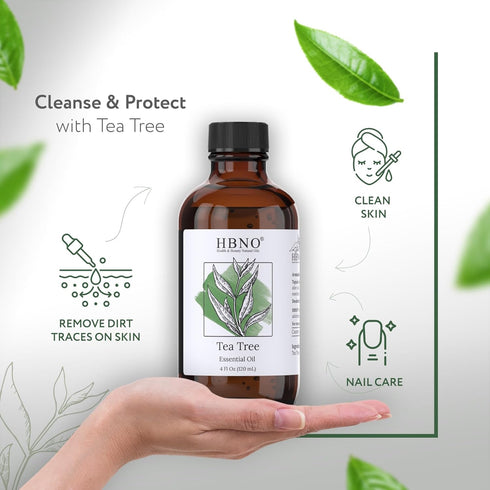 HBNO® California Bottled Tea Tree Oil for Skin 4 fl oz (120ml) - Natural Tea Tree Oil for Hair - Steam Distilled Tea Tree Essential Oil for Aromat...