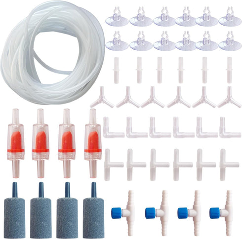 Aquarium Air Pump Accessories - Contains Airline Tubing, Control Valve, Air Stones, Connectors, Check Valves, Suction Cups...