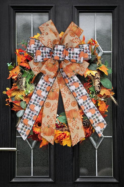 Large Fall Pumpkin Bow for Wreath, White Black Buffalo Plaid for Fall Thanksgiving Party Indoor Outdoor Door Wall Decoration Supplies...