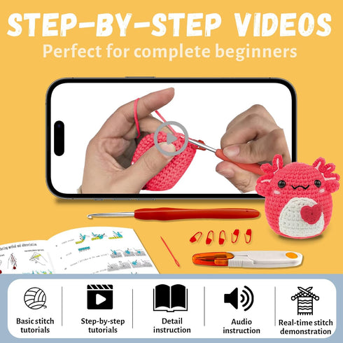 Terself Axolotl Crochet Kit for Beginners: 1PCS Crochet Animal Kits for Kids & Adults, Learn to Crocheting Starter Kit with Written Pattern & Vide...
