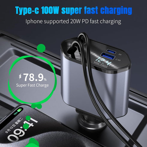 Retractable Car Charger, 4 in 1 Fast Car Phone Charger 100W with Cord 2.6ft, Retractable Cable and 2 USB Ports Car Charger Adapter for iPhone 15 1...