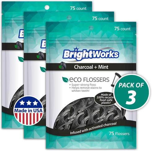 Brightworks ECO Sustainable Floss Picks - 225 Count - Made in USA Charcoal + Mint Infused 100% Post-Consumer Recycled Plastic with Micro-Crystals ...