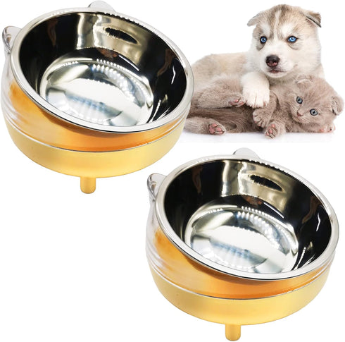 2Pcs Stainless Steel Dog Bowl 15° Slanted Elevated Bulldog Feeder Non-Slip Detachable Stainless Steel Cat Food Dish for Protecting Spine (Yellow)...