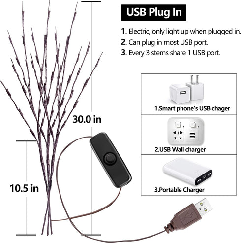 KXCOFTXI 3 Pack Twig Lights, Prelit Branches, USB Plug in Branches Lights with 60 LED Bulbs, Romantic Decorative Iights for Vase, Lighted Tree Bra...