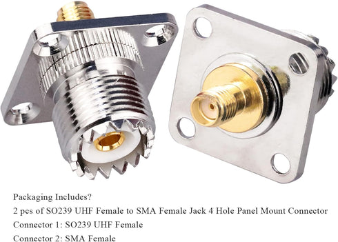 SMA Female to UHF Female Jack Panel Chassis Mount RF Coax Adapter SO239 PL259 UHF to SMA 4-Hole Flange Panel Mount Adapter for Jumper Cable SMA to...