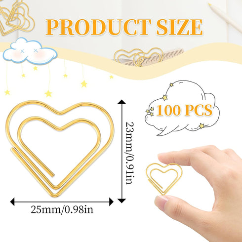 100 Pcs Gold Heart Paper Clips Gold Love Heart Shaped Small Paper Clips Cute Stainless Steel Metal Paper Clips Paperclips Bookmarks for Women Docu...