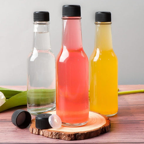 30 Pack Hot Sauce Bottles, 5oz Clear Woozy Bottles with Leak Proof Black Screw Caps and Snap On Dripper Inserts, Empty Beverage Bottles with Label...