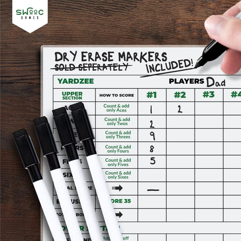 SWOOC Games - 5 Big Dry Erase Yardzee & Farkle Score Cards with 5 Markers (11.5in x 8in) | Large Laminated Reusable Pads & Pens for Giant Dice Gam...