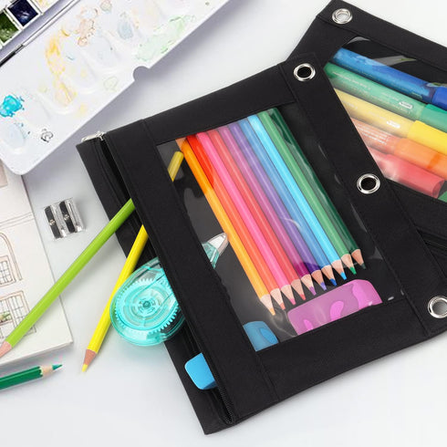 Tamaki Pencil Pouch for 3 Ring Binder, Clear Window Pencil Case for Binder, 3 Ring Binder Pencil Bag, Black, 3 Pack...