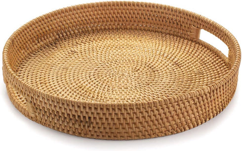YANGQIHOME Rattan Round Serving Tray, Decorative Coffee Table Tray, Hand Woven Serving Basket with Handles, Ottoman Wicker Fruit/Bread Serving Bas...