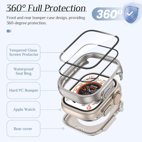 Goton 2 in 1 Waterproof Case for Apple Watch Ultra Ultra2 Screen Protector 49mm, 360 Protective Glass Face Cover Hard PC Bumper + Back Frame for i...