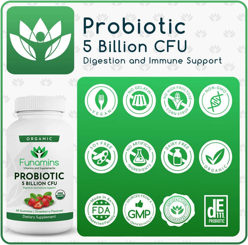 Organic Probiotic Gummies, 5 Billion CFU per serving, 60 Count, Vegan, Supports Digestive Health and Immune Defense, for Women and Children; Straw...