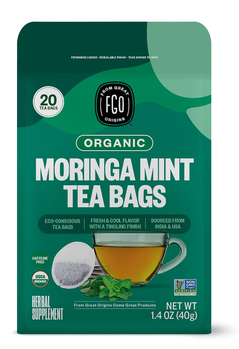 FGO Organic Moringa Mint Tea, 20 Count, Eco-Conscious Herbal Tea Bags, Resealable Bag, Caffeine Free, Packaging May Vary (Pack of 1)...