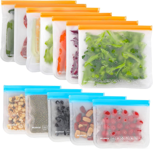 IDEATECH Reusable Storage Bags, 12 Pack BPA Free PEVA Reusable Freezer Bags,Reusable Gallon Bags, Reusable Sandwich Bags, Silicone Food Bags for W...