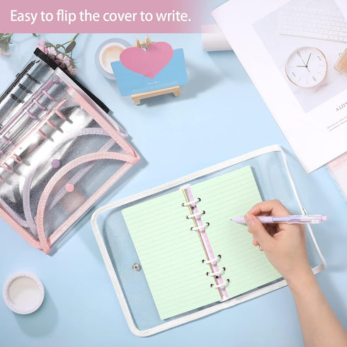 2 Pieces Clear PVC A6 Refillable Binder Covers, Shiny 6-Ring Personal Notebook Shell, Round Ring Binder Pocket with Snap Button Lock for Filler Or...