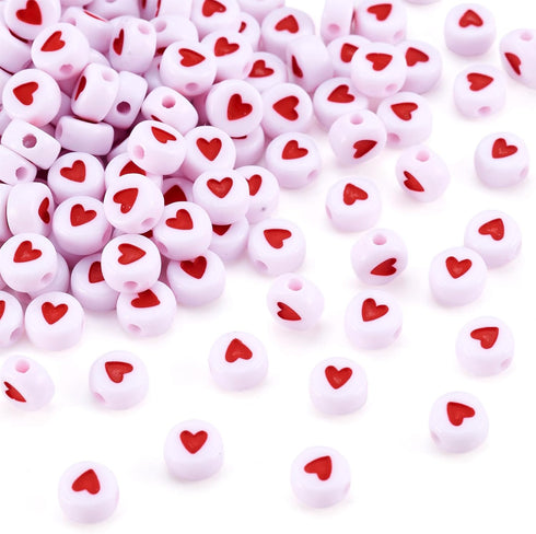 Pandahall 200pcs White Acrylic Red Heart Beads Flat Round Love Heart Disc Coin Pony Beads for DIY Word Message Initial Bracelet Spacer Charms Jewe...