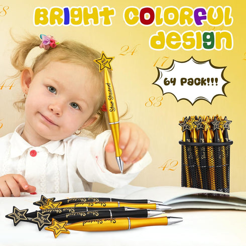 64 Pcs Star Student Pens Reward Ballpoint Pens Teacher Appreciation Gifts Black Inspirational Pens for Star Students Awards of the Week, School Cl...