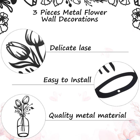 3 Pieces Metal Flower Wall Decor Minimalist Vase Wall Art Black Tulip Wire Iron Decor Floral Wall Sculpture for Kitchen Bathroom Living Room (Deli...
