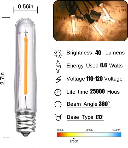 12 Pack Dimmable E12 LED Bulbs, 0.6W Led Candelabra Bulbs 2700K Warm White, Vintage T13 LED Replacement Light Bulbs for C7/E12 Bases S14 G40 Outdo...