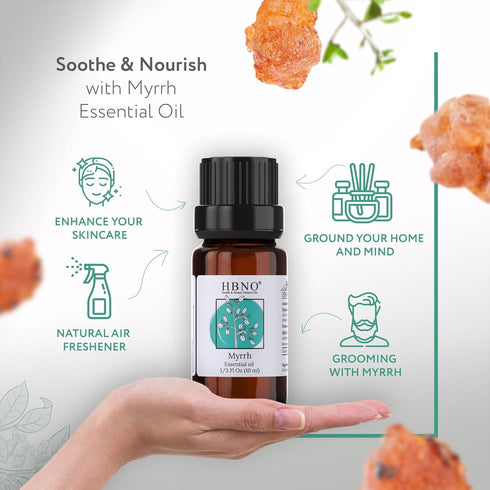HBNO Myrrh Essential Oil - 1/3 oz (10 ml) Travel Size - Natural Myrrh Oil, Steam Distilled - Perfect for Cleaning, Aromatherapy, DIY, Soap & Diffu...