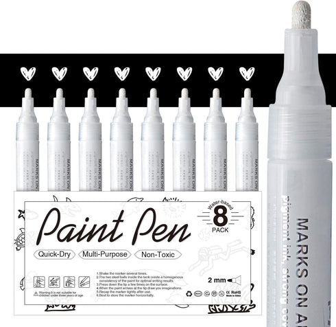 AKARUED White Acrylic Paint Markers, 8 Pack Acrylic White Paint Pen Sets for Rock Painting, Wood, Stone, Glass, Ceramic, Paper, Drawing, Art Proje...