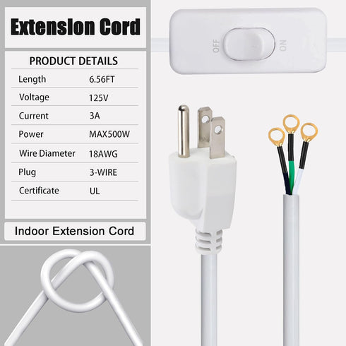 Extension Cord with Switch On/Off White Three Prong Grounded Plug Indoor/Outdoor Power Cord 4.92 FT Waterproof and Flame (White)...